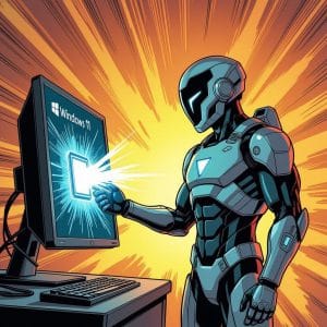 A futuristic robot upgrading a computer to Windows 11